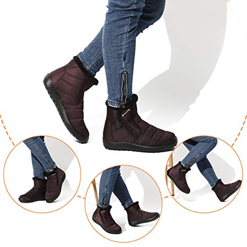 gracosy Botas de Mujer 2021 Otoño Invierno Goma Encaje Forro de Piel Punta Redonda Botas de Nieve Zapatos de Trabajo Formal Calzado Antideslizante Ligero Botines Que Caminan Café 43