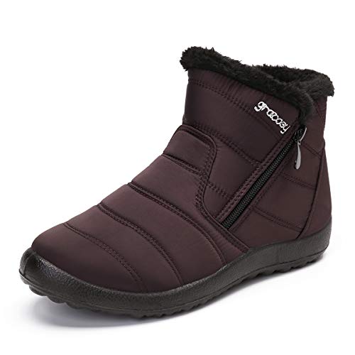 gracosy Botas de Mujer 2021 Otoño Invierno Goma Encaje Forro de Piel Punta Redonda Botas de Nieve Zapatos de Trabajo Formal Calzado Antideslizante Ligero Botines Que Caminan Café 43