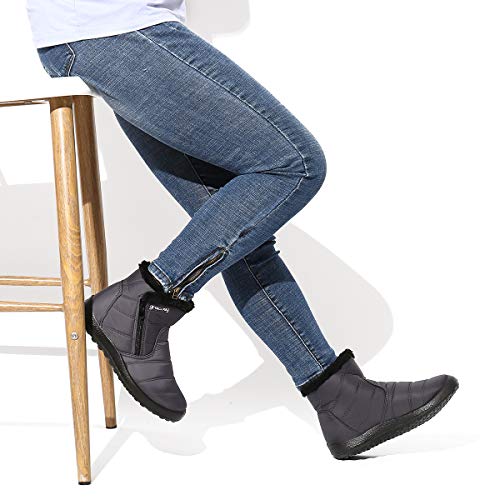 gracosy Botas de Mujer 2021 Otoño Invierno Goma Encaje Forro de Piel Punta Redonda Botas de Nieve Zapatos de Trabajo Formal Calzado Antideslizante Ligero Botines Que Caminan Gris 40