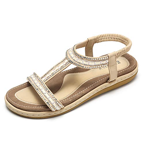 gracosy Sandalias Planas Verano Mujer Estilo Bohemia Zapatos para Mujer de Dedo Sandalias Talla Grande 37-43 Cinta Elástica Casuales de Playa Chanclas Romanas de Mujer Negro Beige 2020