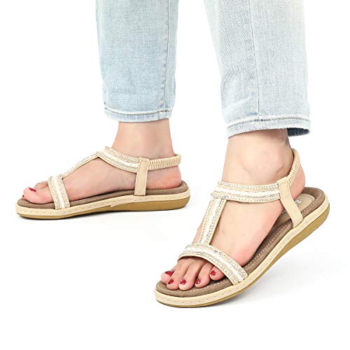 gracosy Sandalias Planas Verano Mujer Estilo Bohemia Zapatos para Mujer de Dedo Sandalias Talla Grande 37-43 Cinta Elástica Casuales de Playa Chanclas Romanas de Mujer Negro Beige 2020