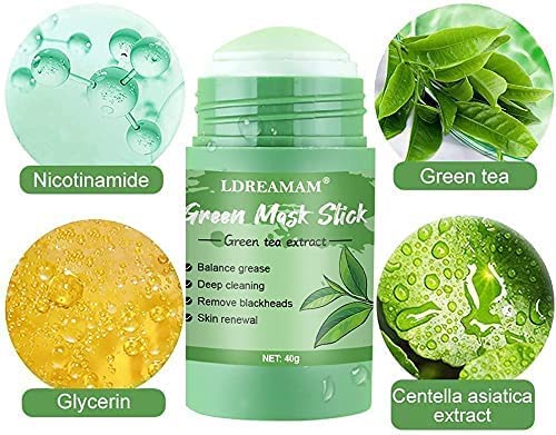 Green Mask Stick,Green Tea Stick Mask,Purificante en Barra de Arcilla,Ajustar el Equilibrio de Agua y Aceite,control de aceite, eliminación de espinillas(2PC)