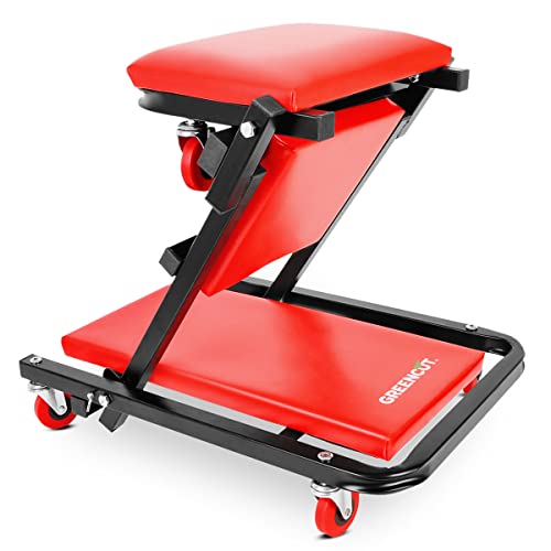 GREENCUT MFS400 - Camilla de taller mecánico convertible en asiento o taburete de trabajo, con reposacabezas, 150 kg carga máxima, 104x44 cm, rojo