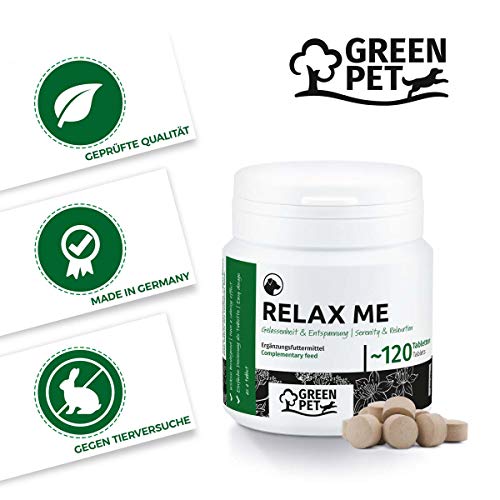 GreenPet Relax Me 120 tabletas - Agente calmante para Perros, Extra Fuerte para la ansiedad, el estrés, Viajes en Coche y Viajes, calmante y Relajante, Valeriana, Hierba de San Juan - Made in Germany