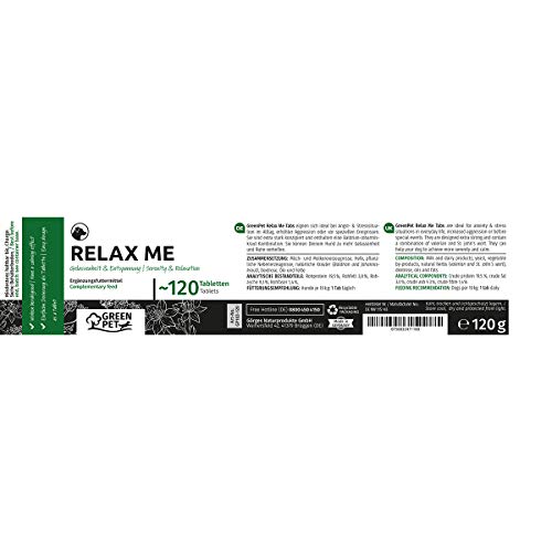 GreenPet Relax Me 120 tabletas - Agente calmante para Perros, Extra Fuerte para la ansiedad, el estrés, Viajes en Coche y Viajes, calmante y Relajante, Valeriana, Hierba de San Juan - Made in Germany