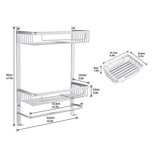 Gricol Estante cuadrado de ducha para baño adhesivo montado en la pared, organizador de almacenamiento de aluminio, plateado con barra de paño integrado para baño, cocina, plato de jabón gratis