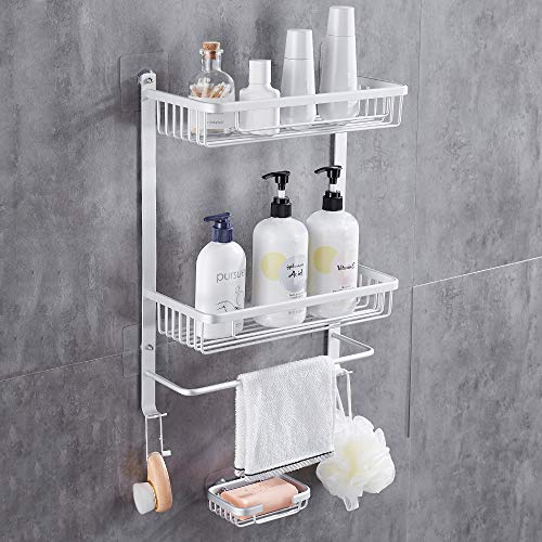 Gricol Estante cuadrado de ducha para baño adhesivo montado en la pared, organizador de almacenamiento de aluminio, plateado con barra de paño integrado para baño, cocina, plato de jabón gratis