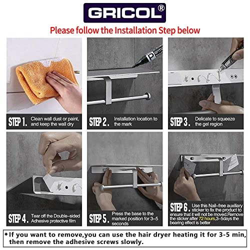 Gricol Portarrollos para Papel Higiénico Porta Rollos con Soporte Sin Taladro para Teléfono Celular Doble de Pared para Baño (Plata)