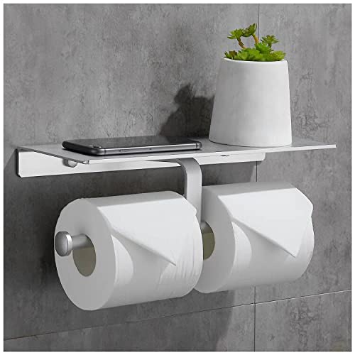 Gricol Portarrollos para Papel Higiénico Porta Rollos con Soporte Sin Taladro para Teléfono Celular Doble de Pared para Baño (Plata)