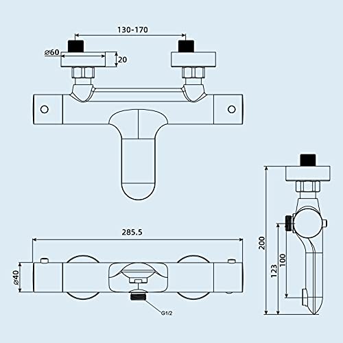 Grifo Termostático para Bañera y Ducha de Latón, Grifo Termostático Ducha con dos salidas de agua, Grifo de Bañera Termostático con Botón de Seguridad de 38°, Cromo /YG-15A6