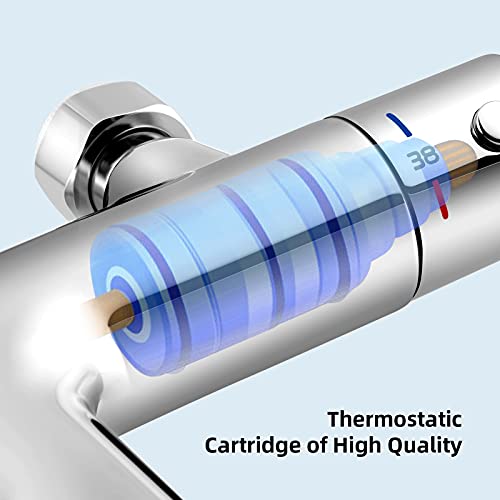 Grifo Termostático para Bañera y Ducha de Latón, Grifo Termostático Ducha con dos salidas de agua, Grifo de Bañera Termostático con Botón de Seguridad de 38°, Cromo /YG-15A6