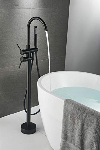 Grifos Bañera de Pie de Latón, Montaje en suelo Grifo de ducha para Bañera con 2 asas y Pulverizador Manual, Negro, Beelee BL19001B