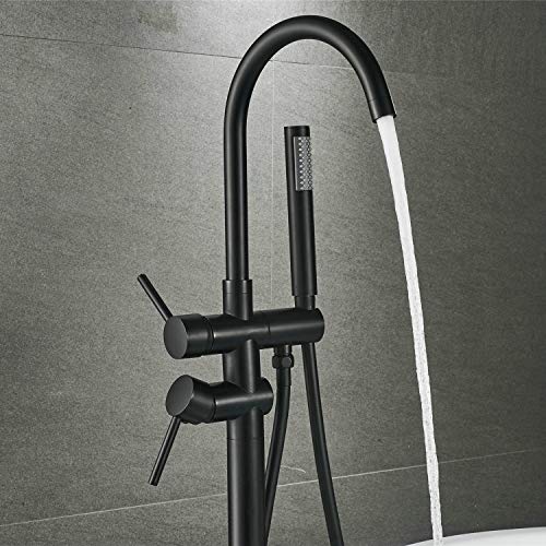 Grifos Bañera de Pie de Latón, Montaje en suelo Grifo de ducha para Bañera con 2 asas y Pulverizador Manual, Negro, Beelee BL19001B