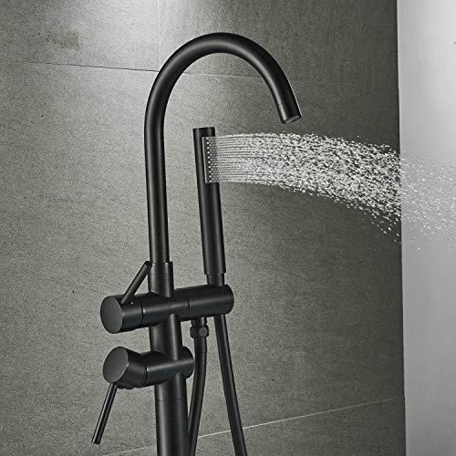 Grifos Bañera de Pie de Latón, Montaje en suelo Grifo de ducha para Bañera con 2 asas y Pulverizador Manual, Negro, Beelee BL19001B