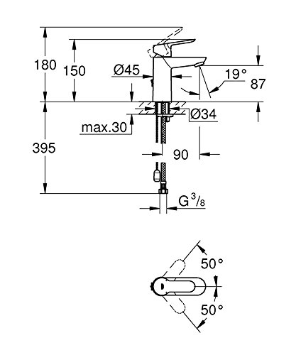 Grohe BauEdge - Grifo de lavabo monomando para instalación en un solo agujero, altura estándar, con sistema de ahorro de agua, cadena retráctil (Ref. 23329000)