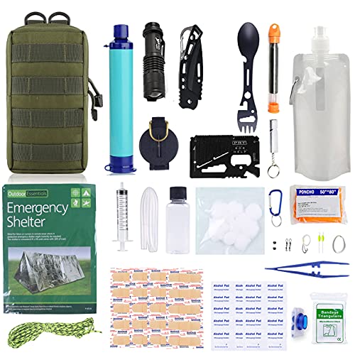 GRULLIN Equipo de Kits de Supervivencia de Emergencia, 60 en 1 para Exteriores IFAK Trauma Pouch Kits de Herramientas de Primeros Auxilios con Filtro de Agua, Tienda de Emergencia para