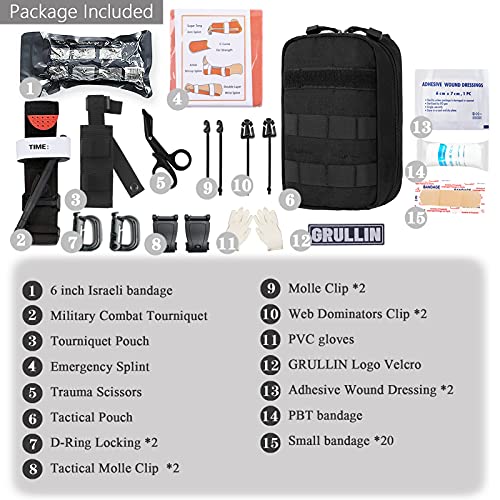 GRULLIN MOLLE IFAK Trauma Kit, botiquín de Primeros Auxilios táctico, EMT de Emergencia para Viajes en Coche, Aventura, Kayak, Campamento, Caza, torniquete, Vendaje, Kit de Control