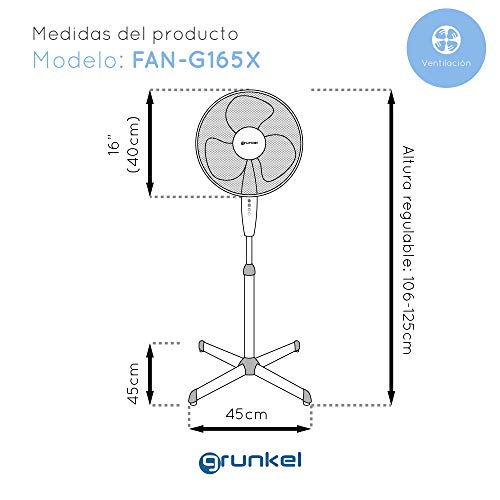 Grunkel - FAN-G165X - Ventilador de pie de 16" con 3 velocidades y altura regulable. Base en forma de aspa de 62cm de diámetro y 3 aspas semitransparentes - 50W - Blanco