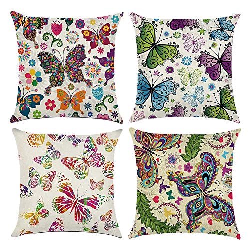 Gspirit 4 Pack Vistoso Mariposa Algodón Lino Throw Pillow Case Funda de Almohada para Cojín 45x45 cm