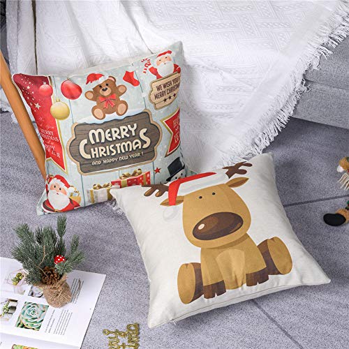 Gspirit Feliz Navidad 4 Pack Encantador Papá Noel Alce Algodón Lino Throw Pillow Case Funda de Almohada para Cojín 45x45 cm