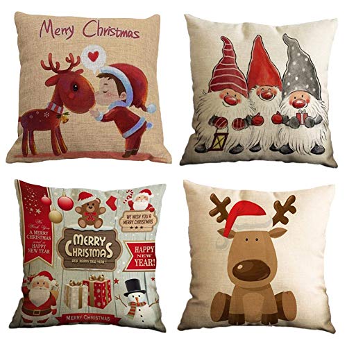 Gspirit Feliz Navidad 4 Pack Encantador Papá Noel Alce Algodón Lino Throw Pillow Case Funda de Almohada para Cojín 45x45 cm