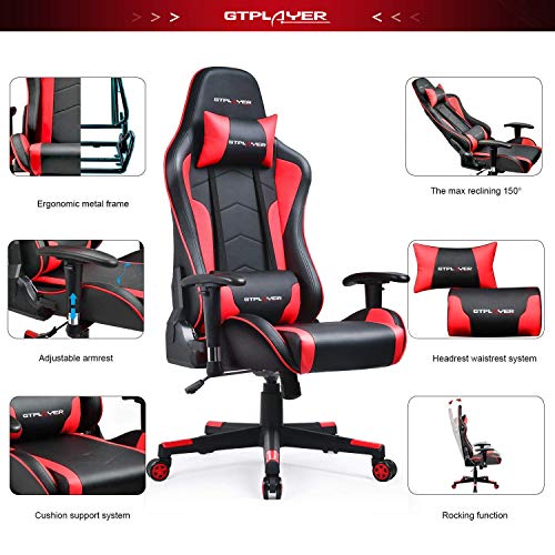 GTPLAYER Silla Gaming con Altavoz Bluetooth Escritorio Oficina Gamer Ergonomica con Cojín Reposabrazos 3D Ajustables Respaldo Reclinable Multifuncional GTRACING Series (Rojo)