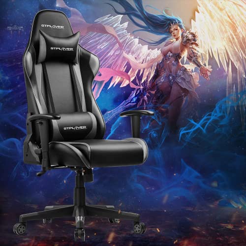 GTPLAYER Silla Gaming Escritorio Oficina Cuero Ordenador Gamer Silla Asiento Engrosado Ergonomica con Cojín Reposabrazos 2D Ajustables Respaldo Reclinable (Negro-Gris)