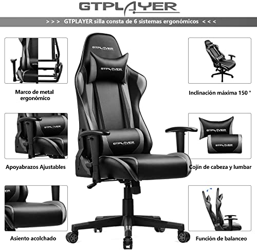 GTPLAYER Silla Gaming Escritorio Oficina Cuero Ordenador Gamer Silla Asiento Engrosado Ergonomica con Cojín Reposabrazos 2D Ajustables Respaldo Reclinable (Negro-Gris)