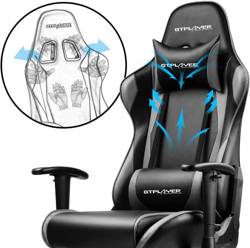 GTPLAYER Silla Gaming Escritorio Oficina Cuero Ordenador Gamer Silla Asiento Engrosado Ergonomica con Cojín Reposabrazos 2D Ajustables Respaldo Reclinable (Negro-Gris)