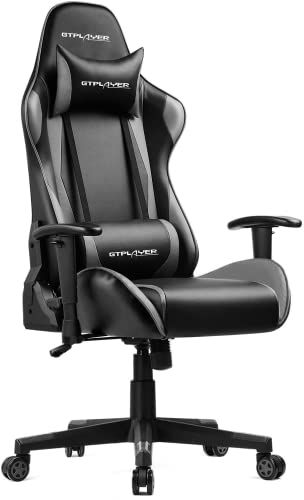 GTPLAYER Silla Gaming Escritorio Oficina Cuero Ordenador Gamer Silla Asiento Engrosado Ergonomica con Cojín Reposabrazos 2D Ajustables Respaldo Reclinable (Negro-Gris)