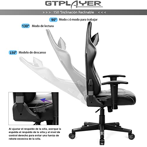 GTPLAYER Silla Gaming Escritorio Oficina Cuero Ordenador Gamer Silla Asiento Engrosado Ergonomica con Cojín Reposabrazos 2D Ajustables Respaldo Reclinable (Negro-Gris)