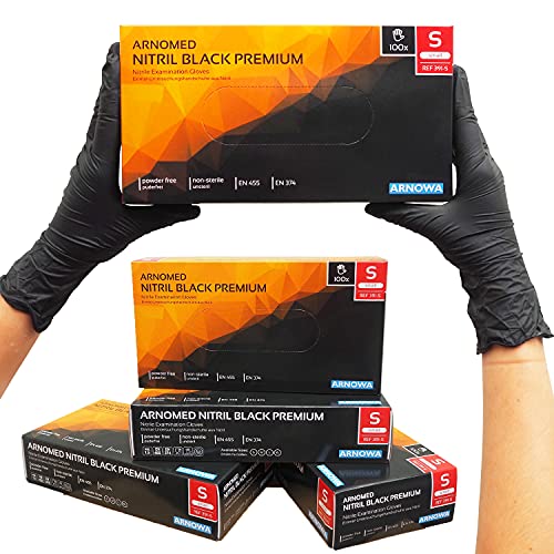 Guantes desechables ARNOMED negros, guantes desechables S, 100 unidades/caja, sin polvo y sin látex, guantes de nitrilo, guantes disponibles en talla S, M, L y XL