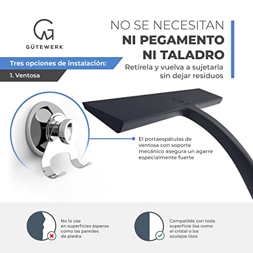 GÜTEWERK rasqueta limpiacristales para Ducha y mampara Profesional con Colgador Ventosa - Negro - 23 cm - sin taladrar ni Pegar - Silicona y Acero Inoxidable