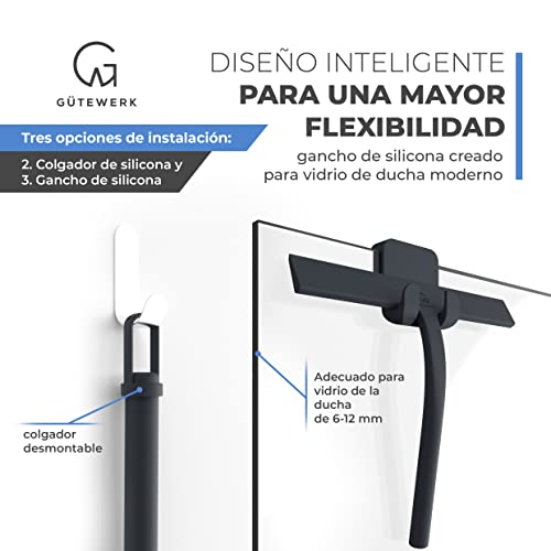 GÜTEWERK rasqueta limpiacristales para Ducha y mampara Profesional con Colgador Ventosa - Negro - 23 cm - sin taladrar ni Pegar - Silicona y Acero Inoxidable