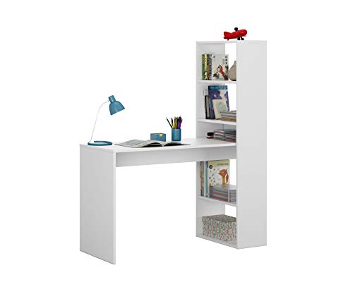 Habitdesign 008314A - Escritorio y estantería reversible, mesa de oficina o estudio acabada en color Blanco, 144 x 120 x 53 cm