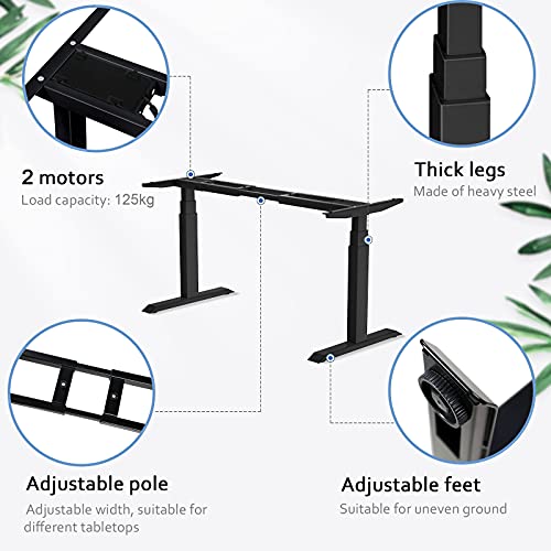 HAIAOJIA 2 Motores Mesa Regulable Altura Marco de Escritorio de Pie Elevable Electrico Carga 125kg 3 Stage Standing Desk Frame con 4 Botones de Memoria (Negro)