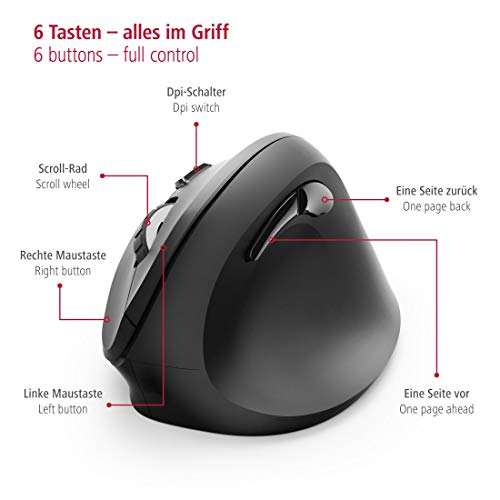 Hama Ratón ergonómico (ratón vertical inalámbrico para diestros, 3 niveles de velocidad hasta 1800 ppp, contra el codo del tenista, síndrome de RSI, mouse inalámbrico) negro