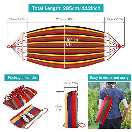 Hamaca Colgante Tela con Travesaños de Madera, 215 x 155 cm Hamaca Jardin Exterior Hamaca Camping, Capacidad de Carga de 250 kg