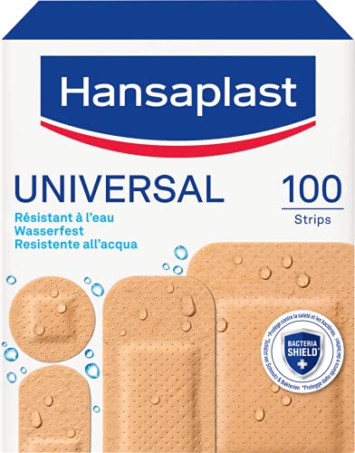 Hansaplast Universal - 100 apósitos resistentes al agua y al polvo, estériles, precortados, para toda la familia