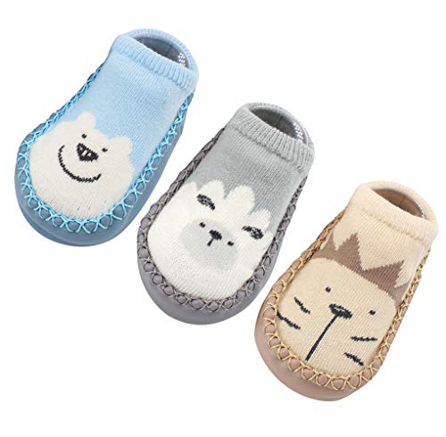 Happy cherry 3Pcs Calcetines Prewalker Antideslizante Zapatillas de Piso Bebes Patrón Lindo Suave Algodón 12cm 6-12 Meses, Gris, Azul Y Verde