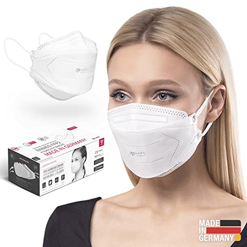 HARD 100 piezas Mascarillas FFP2 Homologadas CE, certificado EN 149:2001+A:2009, Nanotecnología Antibacteriana con Cobre, Made in Germany, SIN EMBALAJE INDIVIDUAL Solo Caja, filtración - Blanco