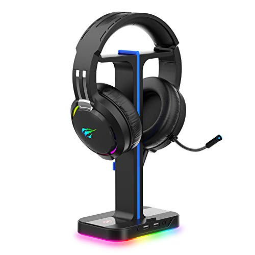 havit Auriculares y Soporte Doble con Cable, Soporte Cascos con 2 Cables de extensión de Puerto de Carga de expansión USB 2.0,Cascos Gaming,Negro