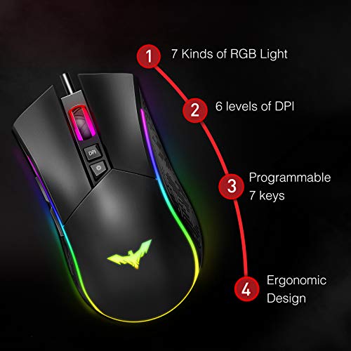 havit Ratón Gaming 7 Botones Mouse Gaming programables Iluminación RGB [800-1600-2400-4800] para Windows7/8/10/Xp/Vista/Linux（MS733）, Negro