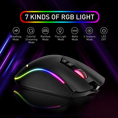 havit Ratón Gaming 7 Botones Mouse Gaming programables Iluminación RGB [800-1600-2400-4800] para Windows7/8/10/Xp/Vista/Linux（MS733）, Negro