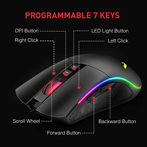 havit Ratón Gaming 7 Botones Mouse Gaming programables Iluminación RGB [800-1600-2400-4800] para Windows7/8/10/Xp/Vista/Linux（MS733）, Negro