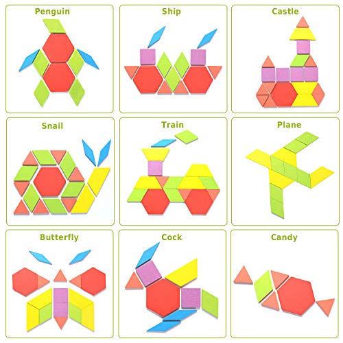 HellDoler Puzzles Infantiles 3 Años,Tangram,Montessori,155Pcs Montessori Bloques de Madera Set Rompecabezas de Formas Geométricas, DIY Montessori Tangram, 24Pcs Tarjetas de Diseño para Niños