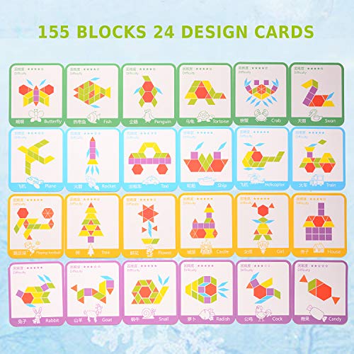 HellDoler Puzzles Infantiles 3 Años,Tangram,Montessori,155Pcs Montessori Bloques de Madera Set Rompecabezas de Formas Geométricas, DIY Montessori Tangram, 24Pcs Tarjetas de Diseño para Niños