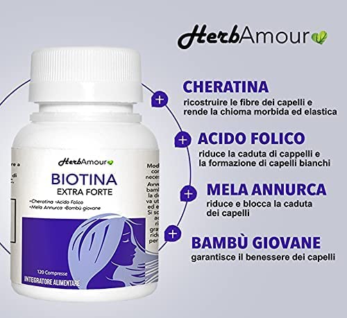 HerbAmour Biotina Extra Fuerte | Suplementos Para El Cabello Mujer | Efecto Anticaída, Fortalecimiento, Crecimiento | Vitaminas Con Biotina, Queratina, Manzana Annurca, Ácido Fólico y Bambú | 120 Cpr