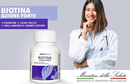 HerbAmour Biotina Extra Fuerte | Suplementos Para El Cabello Mujer | Efecto Anticaída, Fortalecimiento, Crecimiento | Vitaminas Con Biotina, Queratina, Manzana Annurca, Ácido Fólico y Bambú | 120 Cpr