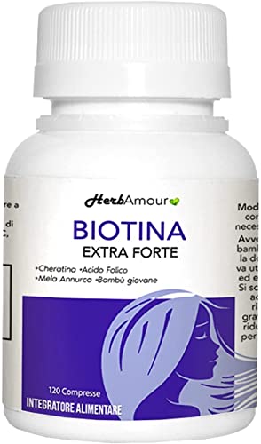 HerbAmour Biotina Extra Fuerte | Suplementos Para El Cabello Mujer | Efecto Anticaída, Fortalecimiento, Crecimiento | Vitaminas Con Biotina, Queratina, Manzana Annurca, Ácido Fólico y Bambú | 120 Cpr